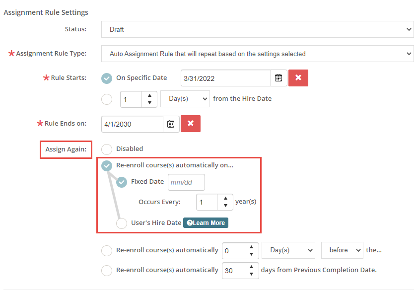 Explanation of the Assign Again Settings